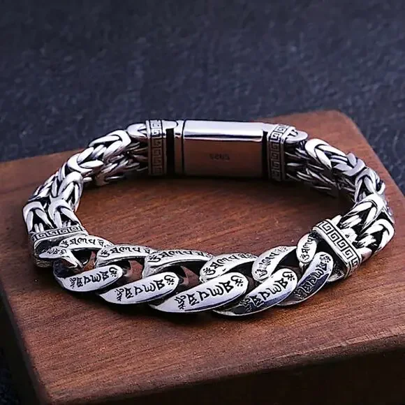 Stainless Steel Chain Link Bracelet, Mantra, Curb Hand Woven Engraved Byzantine